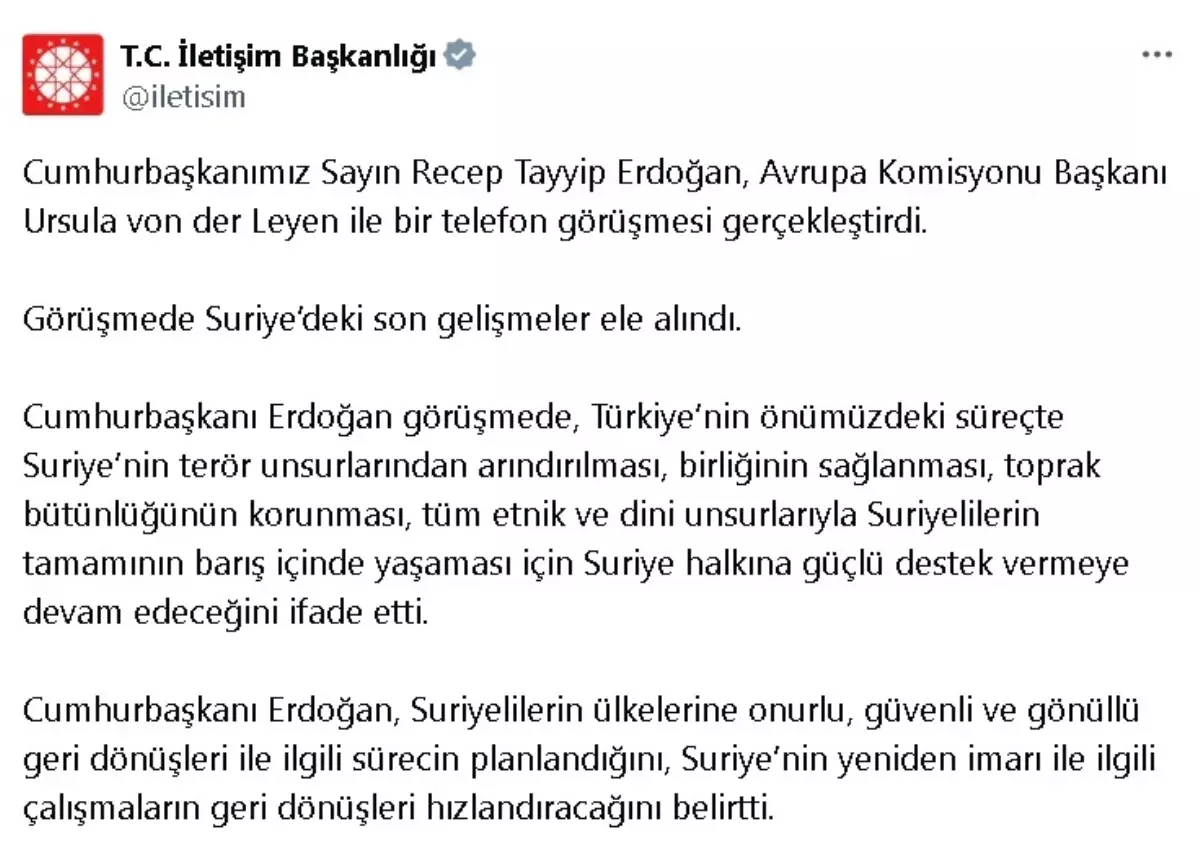 Erdoğan ve Leyen, Suriye’yi görüştü